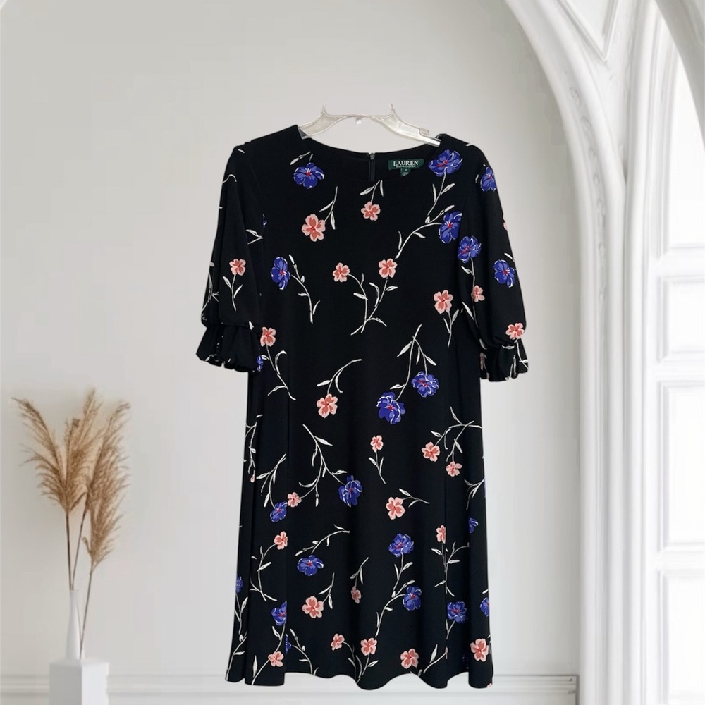 Lauren Ralph Lauren‎ Black Dress with Floral Design ~ Size 4 ~ Dressy & Lined